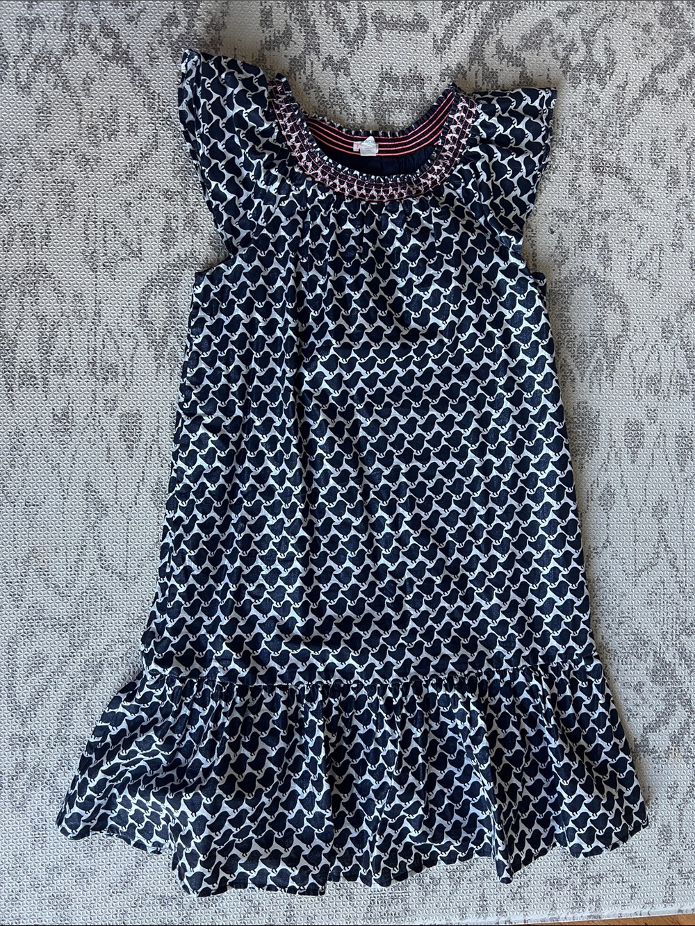 Crewcuts Navy and White Smocked Ruffle Dress with cute bird pattern